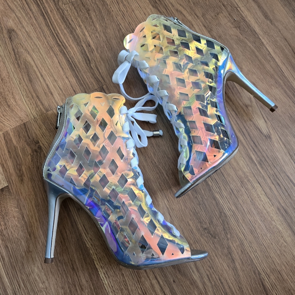 Cape Robbin clear iridescent lace-up booties ankle boots high heels 7.5 stiletto - Picture 1 of 10